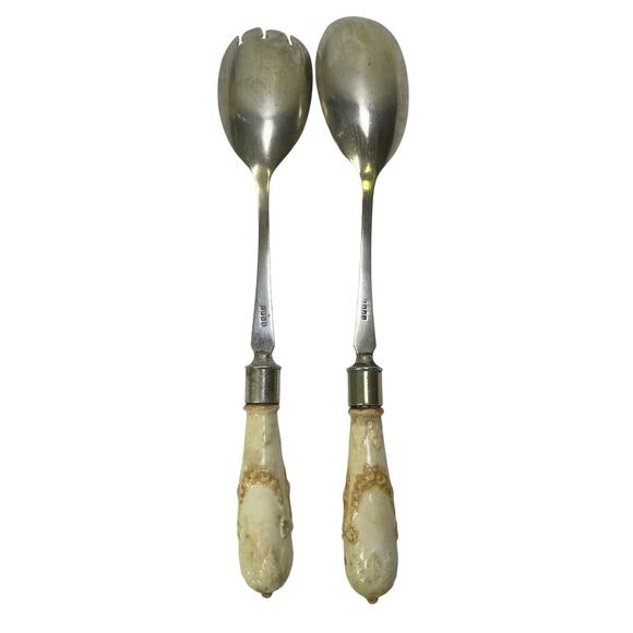 Antique Silver-Plated 11" Salad Serving Set Decorative Floral Porcelain Handles - Picture 5 of 8